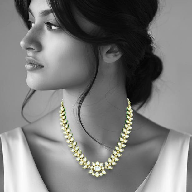 Ivory Polki Necklace with Floral Motif and Petal Design